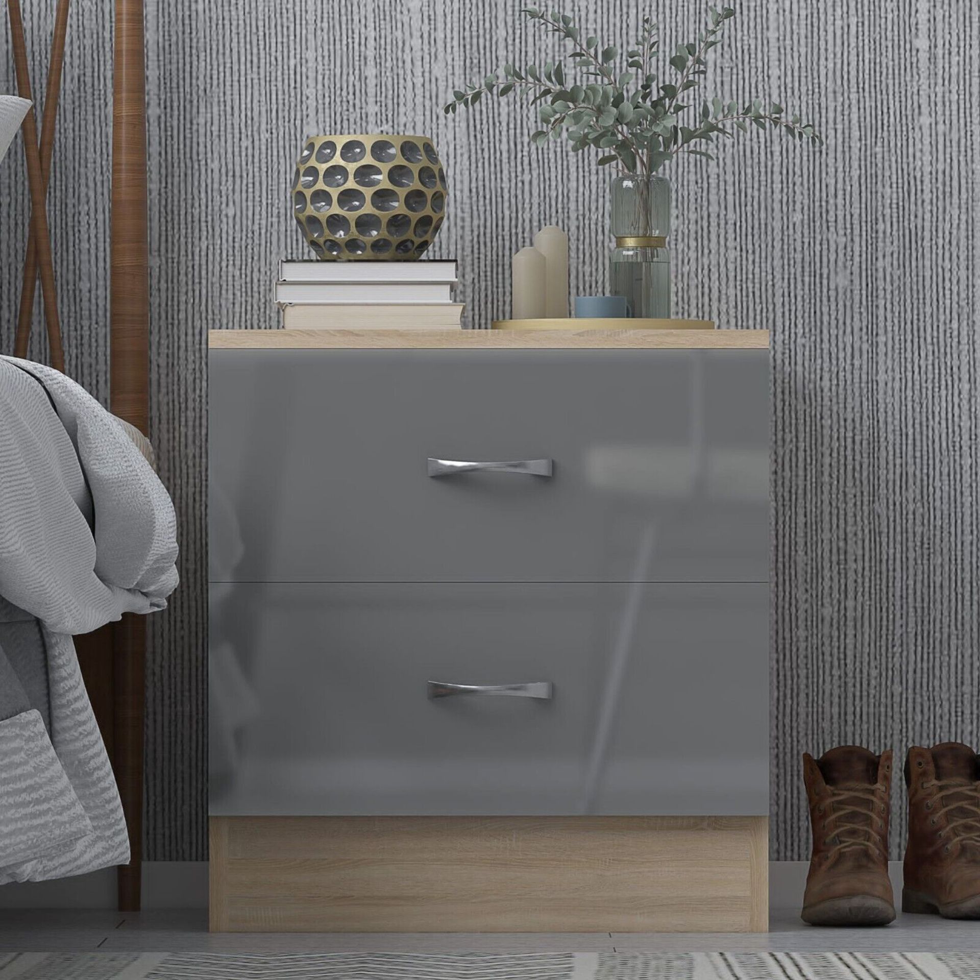 JOB LOT 10 X HARMIN GREY HIGH GLOSS ON OAK FRAME 2 DRAWER BEDSIDE CABINET TABLE - Image 3 of 7