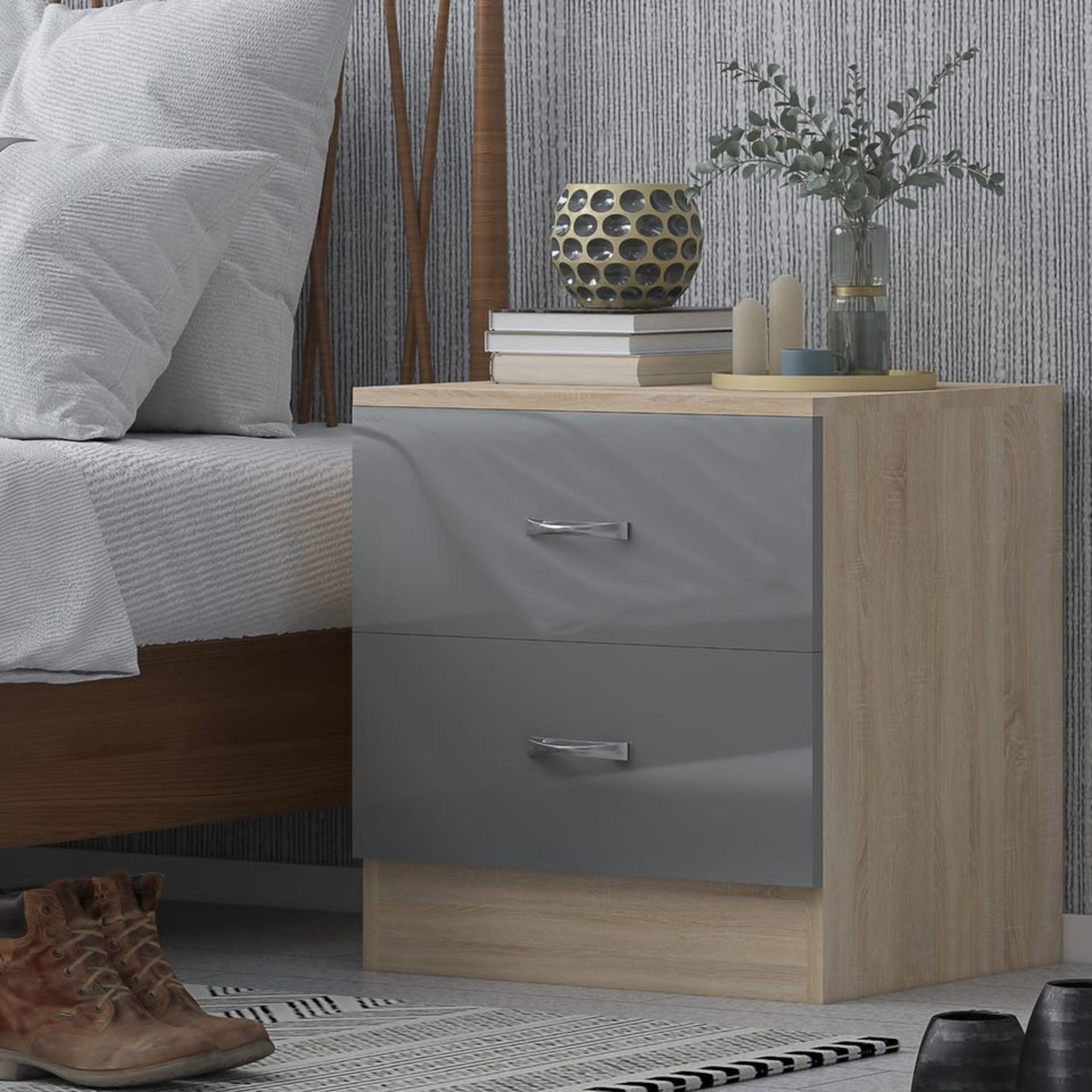 10 X CHEST AND 10 X BEDSIDE - BRAND NEW FLATPACKED GREY GLOSS ON SONOMA OAK - Image 6 of 6