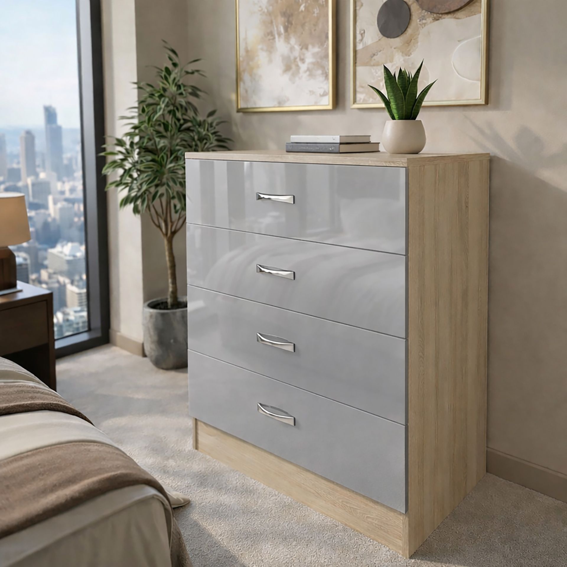 2 X BRAND NEW FLATPACKED 4 DRAWER CHEST - HIGH GLOSS GREY ON SONOMA OAK FRAME - Image 4 of 5