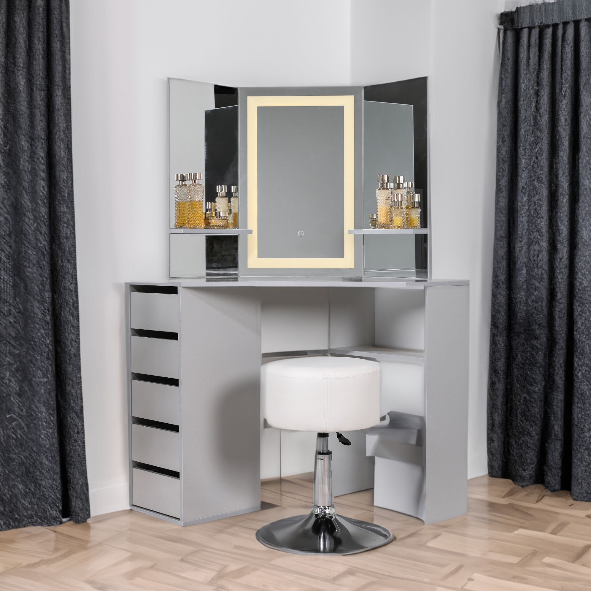 GREY 5 DRAWER MAKE UP CORNER DRESSING TABLE WITH TOUCH LED MIRROR AND STOOL - Image 2 of 5