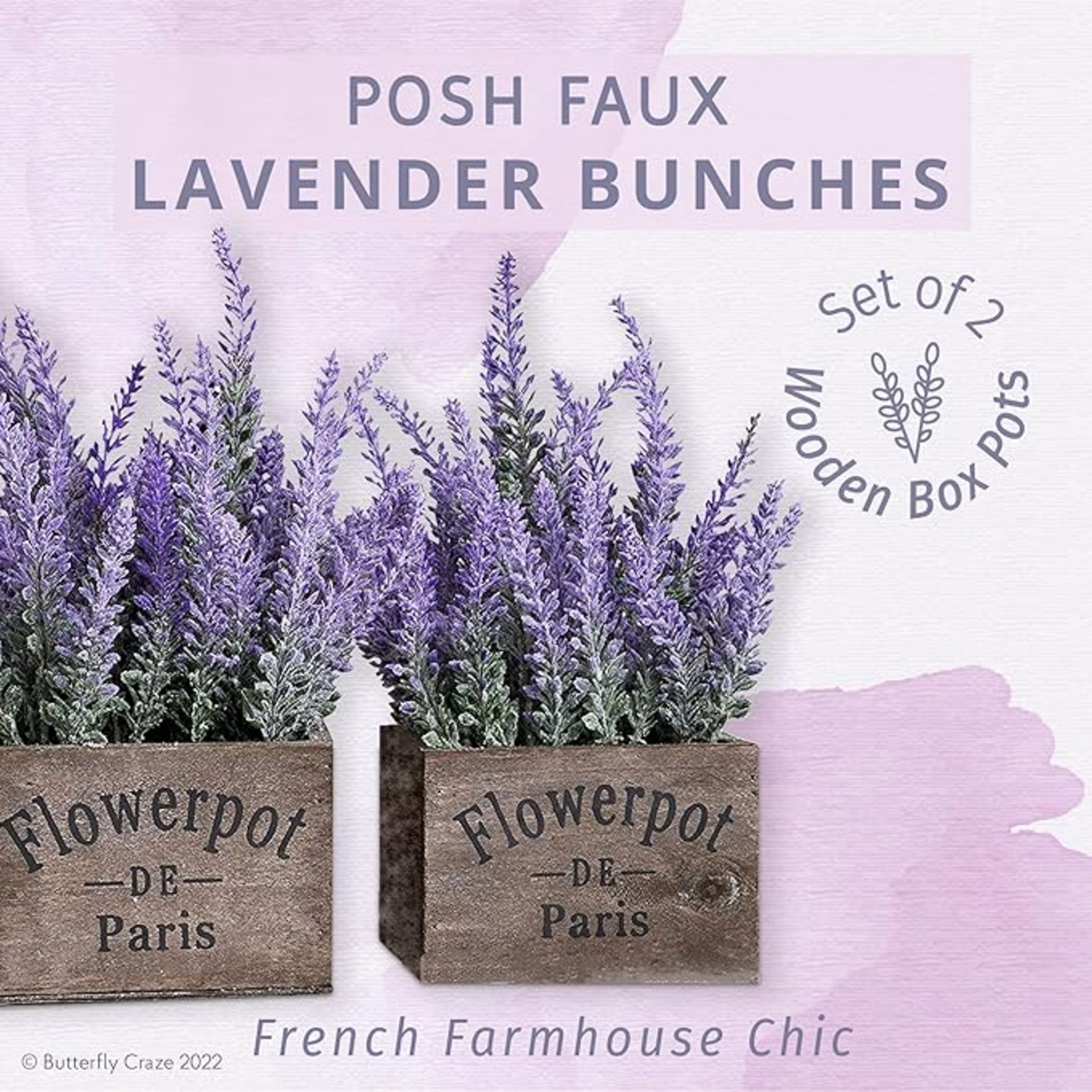 12 SETS OF 2 ARTIFICIAL LAVENDER PLANTS IN WOODEN POTS PURPLE FLOWER FAKE FAUX - Image 2 of 6