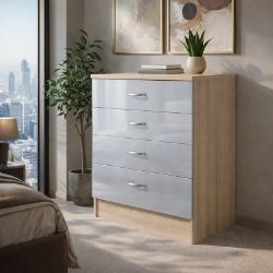 2 X BRAND NEW FLATPACKED 4 DRAWER CHEST - HIGH GLOSS GREY ON SONOMA OAK FRAME