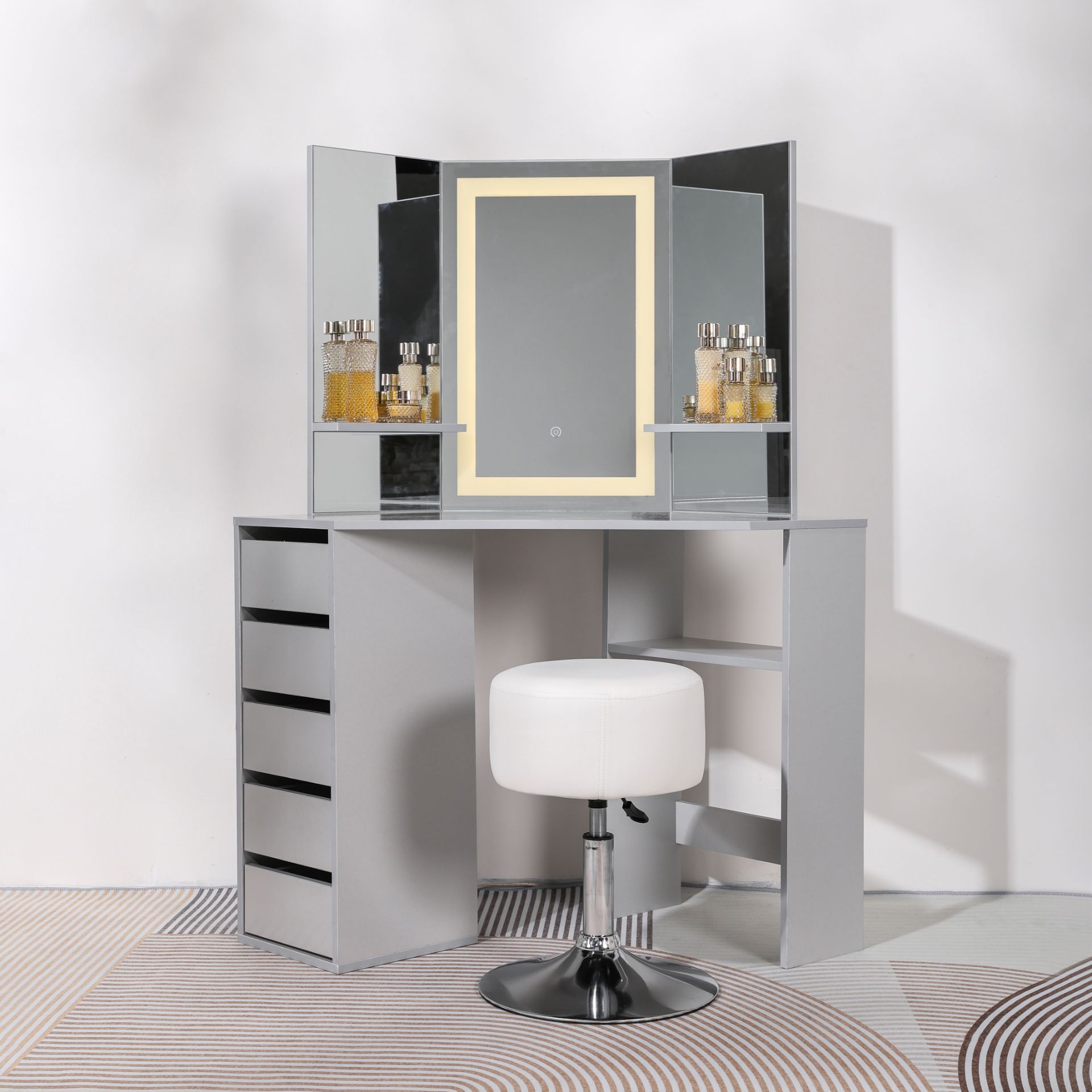GREY 5 DRAWER MAKE UP CORNER DRESSING TABLE WITH TOUCH LED MIRROR AND STOOL - Image 4 of 5