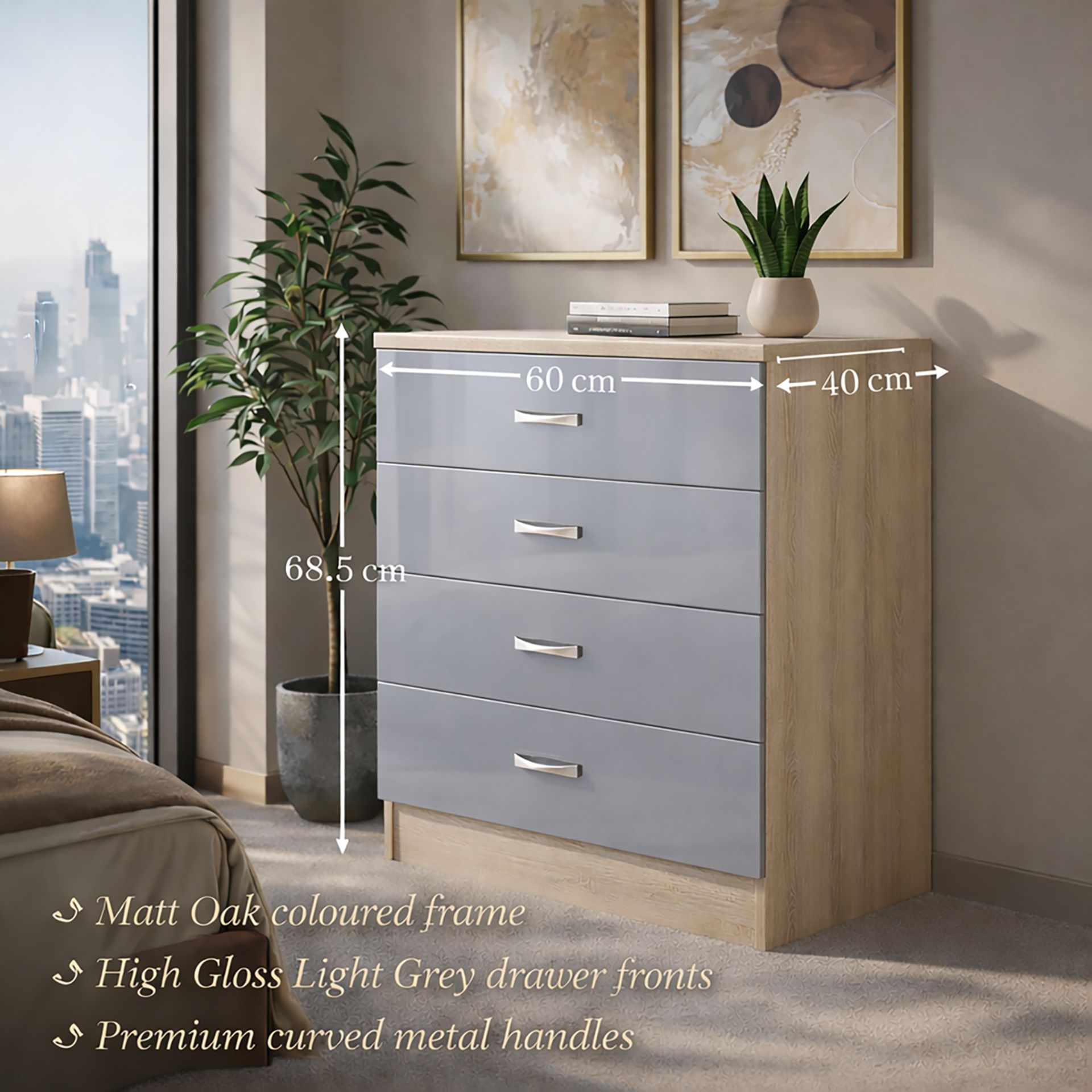 2 X BRAND NEW FLATPACKED 4 DRAWER CHEST - HIGH GLOSS GREY ON SONOMA OAK FRAME - Image 3 of 5