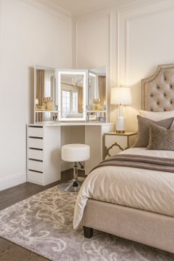 BRAND NEW WHITE MAKE UP CORNER DRESSING TABLE 5 DRAWER WITH TOUCH LED MIRROR & STOOL RRP £350