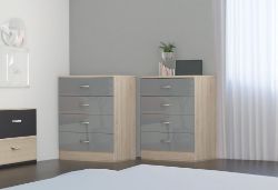PAIR OF 4 DRAWER CHESTS - HIGH GLOSS GREY ON SONOMA OAK FRAME BRAND NEW BOXED