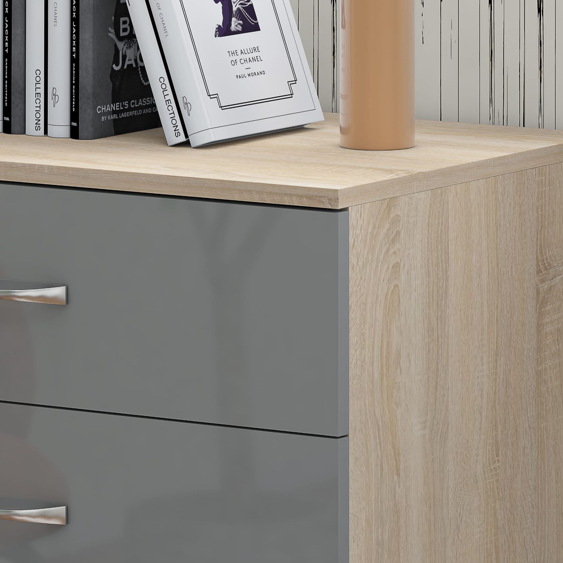 10 X 4 DRAWER CHESTS - HIGH GLOSS GREY ON SONOMA OAK FRAME BRAND NEW BOXED - Image 5 of 8