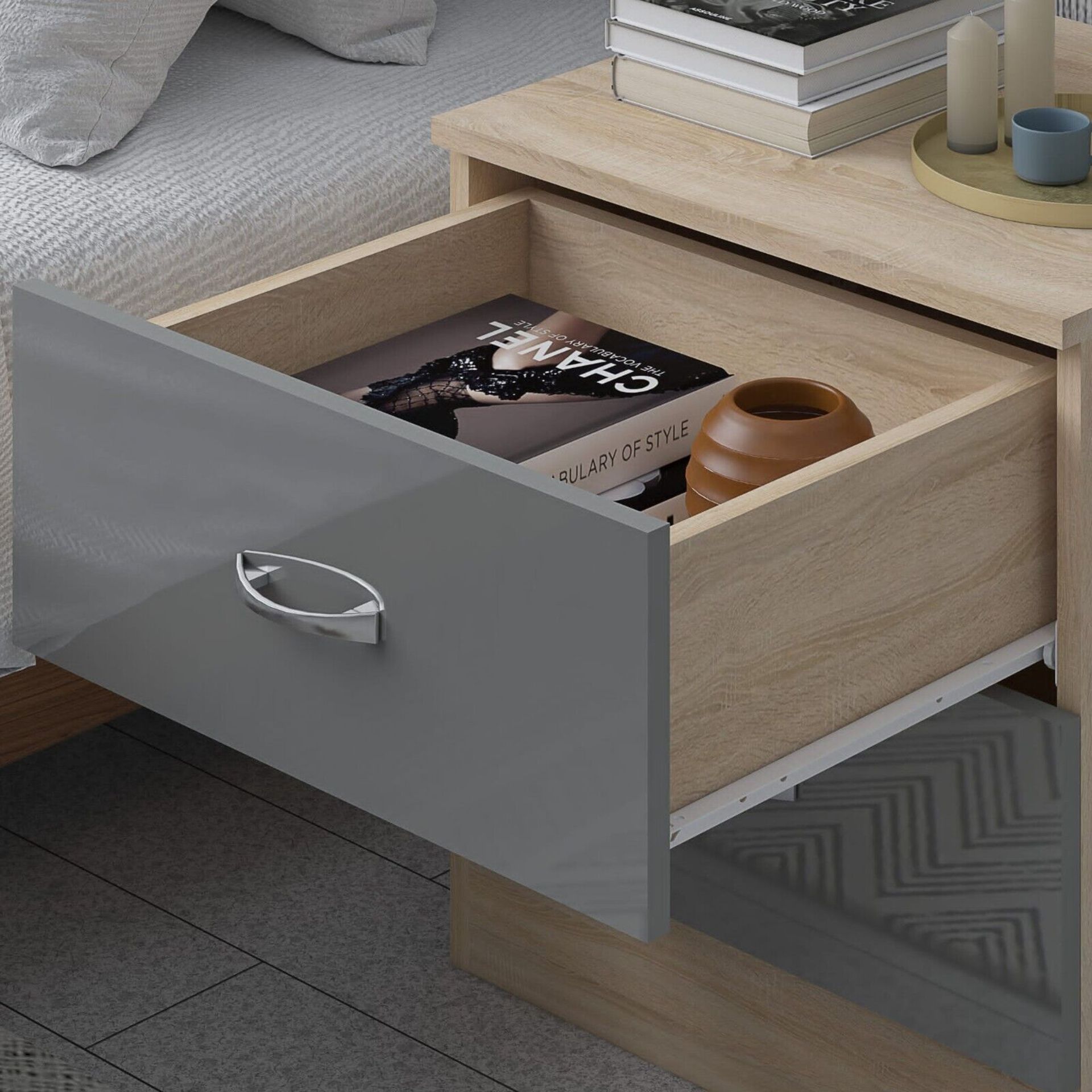JOB LOT 10 X HARMIN GREY HIGH GLOSS ON OAK FRAME 2 DRAWER BEDSIDE CABINET TABLE - Image 6 of 7