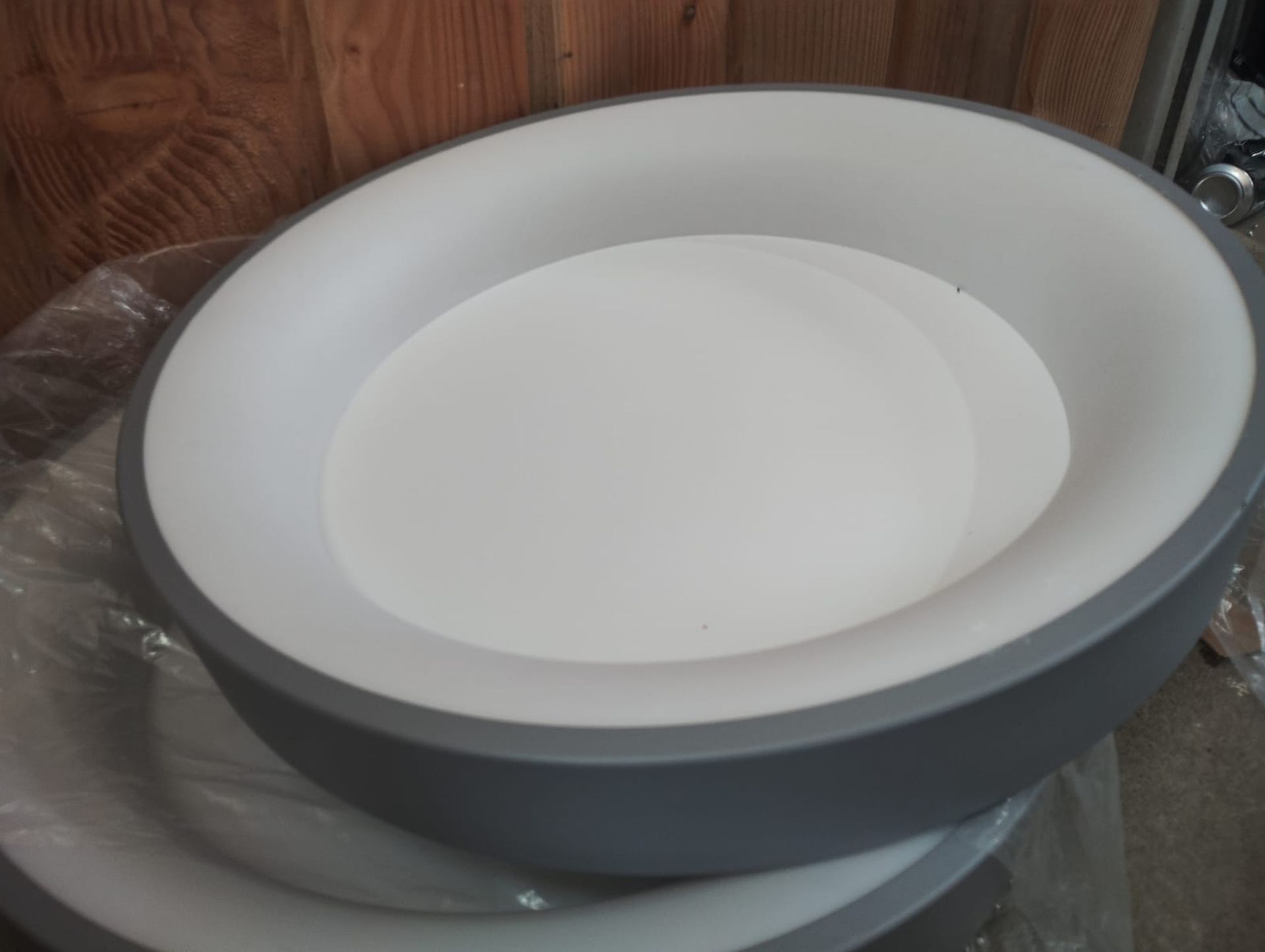 JOBLOT OF 2 LARGE ROUND GREY & WHITE LED CEILING LIGHTS – BRAND NEW WITH FITTINGS – 455MM X 60MM - Image 2 of 8