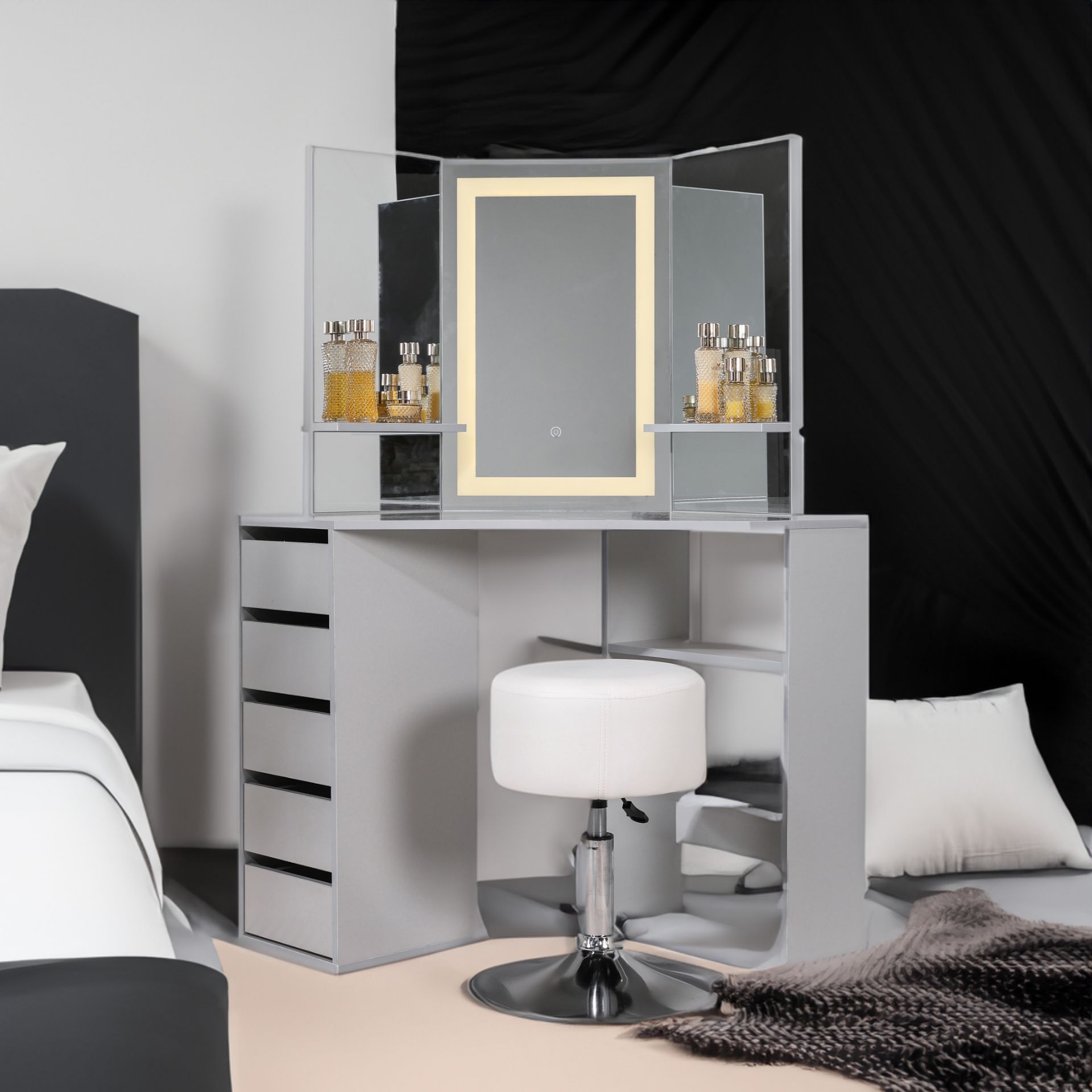 GREY 5 DRAWER MAKE UP CORNER DRESSING TABLE WITH TOUCH LED MIRROR AND STOOL - Image 5 of 5