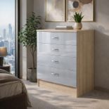2 X BRAND NEW FLATPACKED 4 DRAWER CHEST - HIGH GLOSS GREY ON SONOMA OAK FRAME