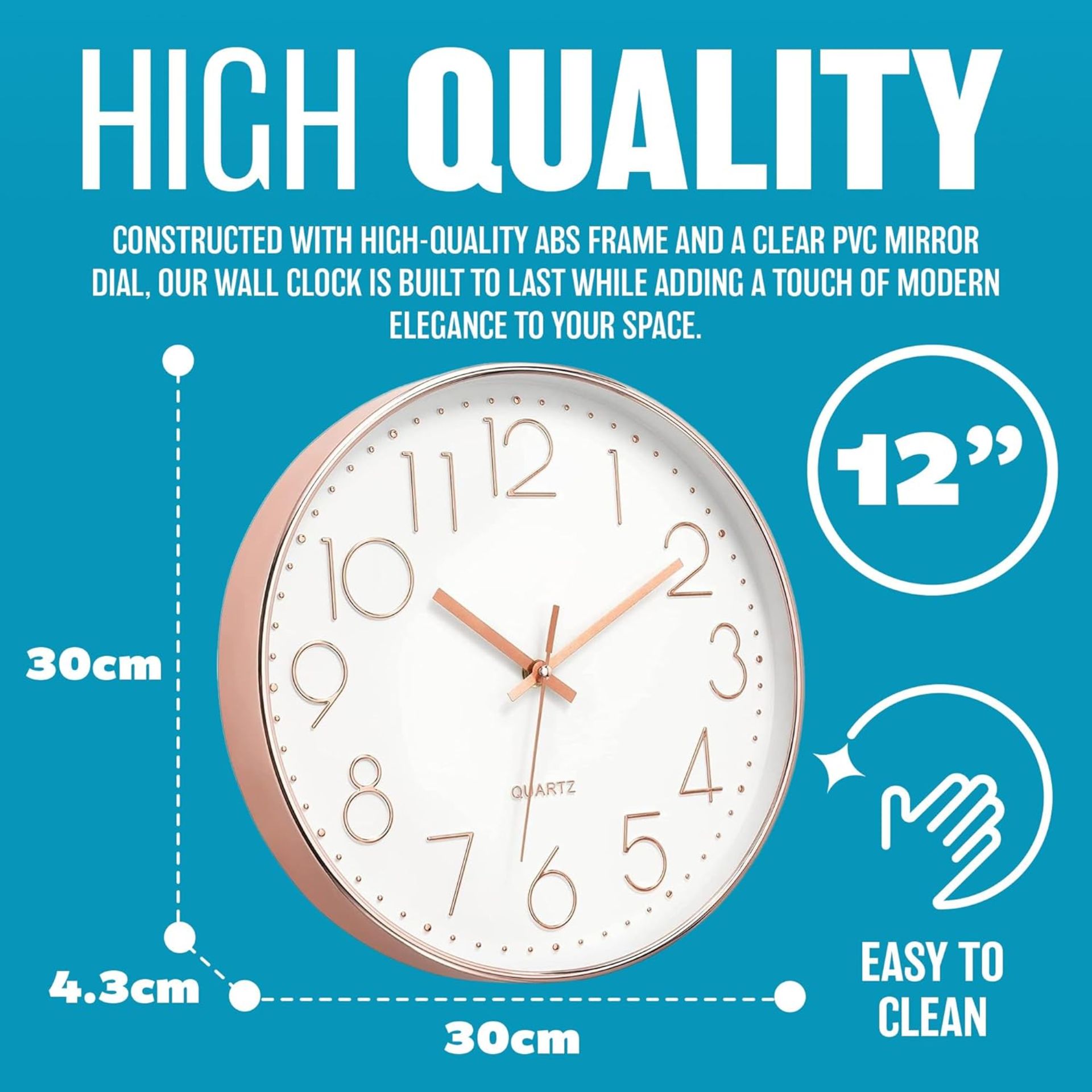 20 X 12" ROSE GOLD WALL CLOCK WATERPROOF INDOOR OUTDOOR QUARTZ MOVEMENT - RRP £240 - Image 3 of 8