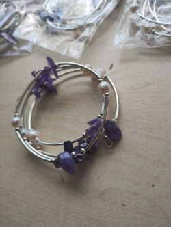AMETHYST + PEARL GEMSTONE CRYSTAL WRAP AROUND BANGLES SS - NEW IN ORIGINAL PACKAGING - JOBLOT OF 5