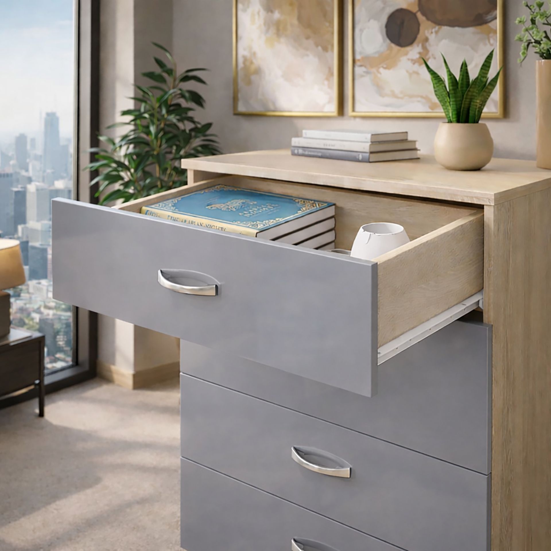 2 X BRAND NEW FLATPACKED 4 DRAWER CHEST - HIGH GLOSS GREY ON SONOMA OAK FRAME - Image 5 of 5