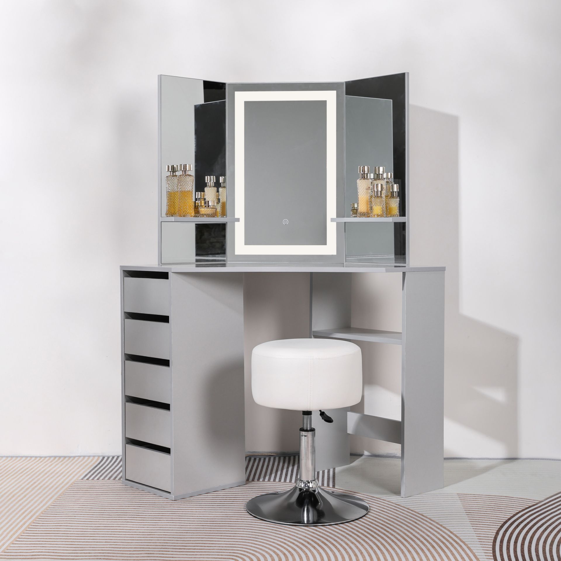 GREY 5 DRAWER MAKE UP CORNER DRESSING TABLE WITH TOUCH LED MIRROR AND STOOL - Image 3 of 5