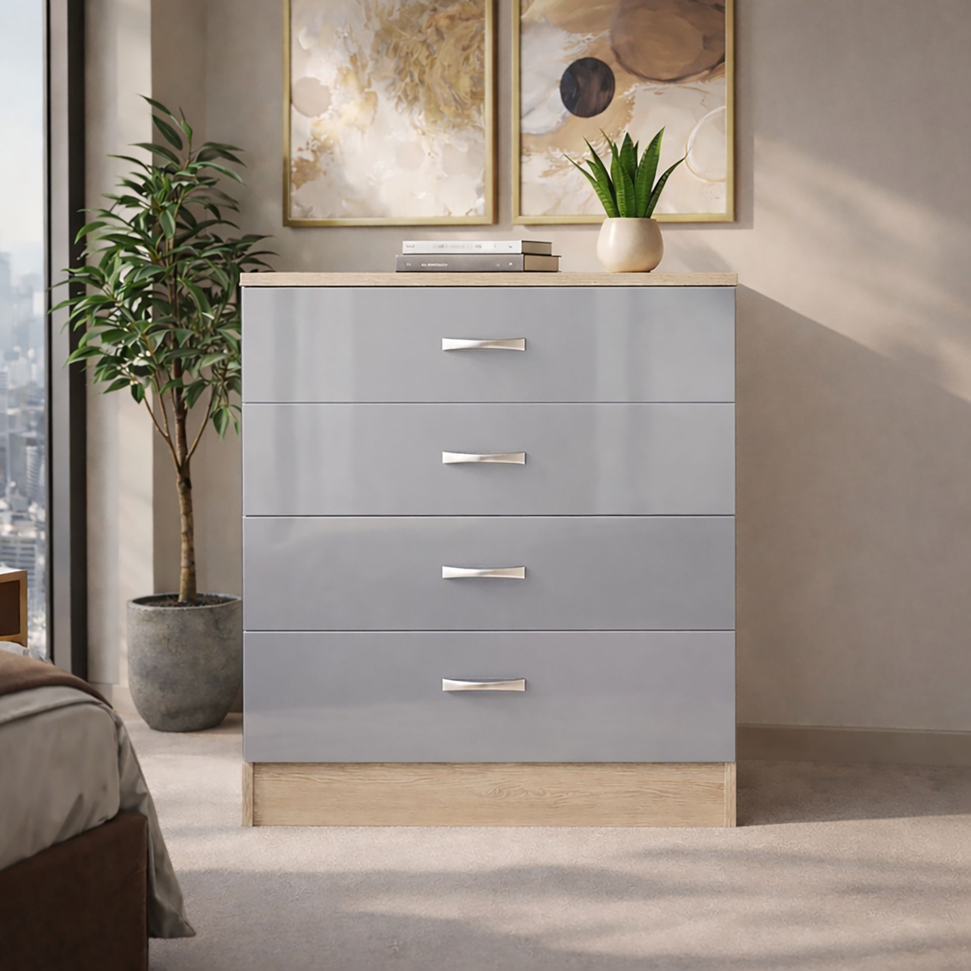 2 X BRAND NEW FLATPACKED 4 DRAWER CHEST - HIGH GLOSS GREY ON SONOMA OAK FRAME - Image 2 of 5