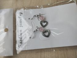 STAINLESS STEEL ROSE QUARTZ HANGING HEART EARRING SETS JOBLOT OF 15 - BRAND NEW