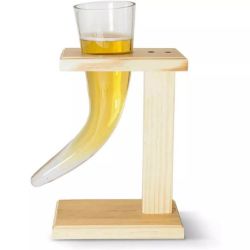 VIKING BEER HORN GLASS WITH WOODEN STAND - GIFT / PRESENT / NOVELTY BEER GLASS NEW BOX