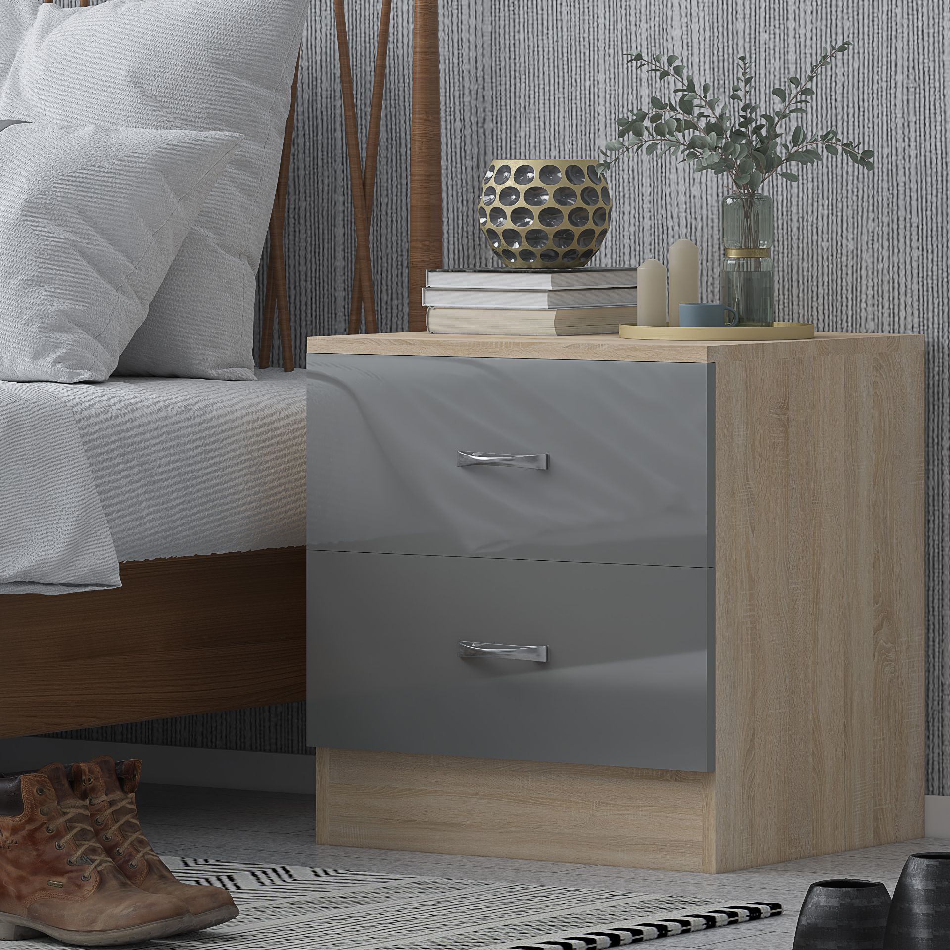 HARMIN GREY HIGH GLOSS ON OAK FRAME 2 DRAWER BEDSIDE CABINET TABLE - Image 3 of 8