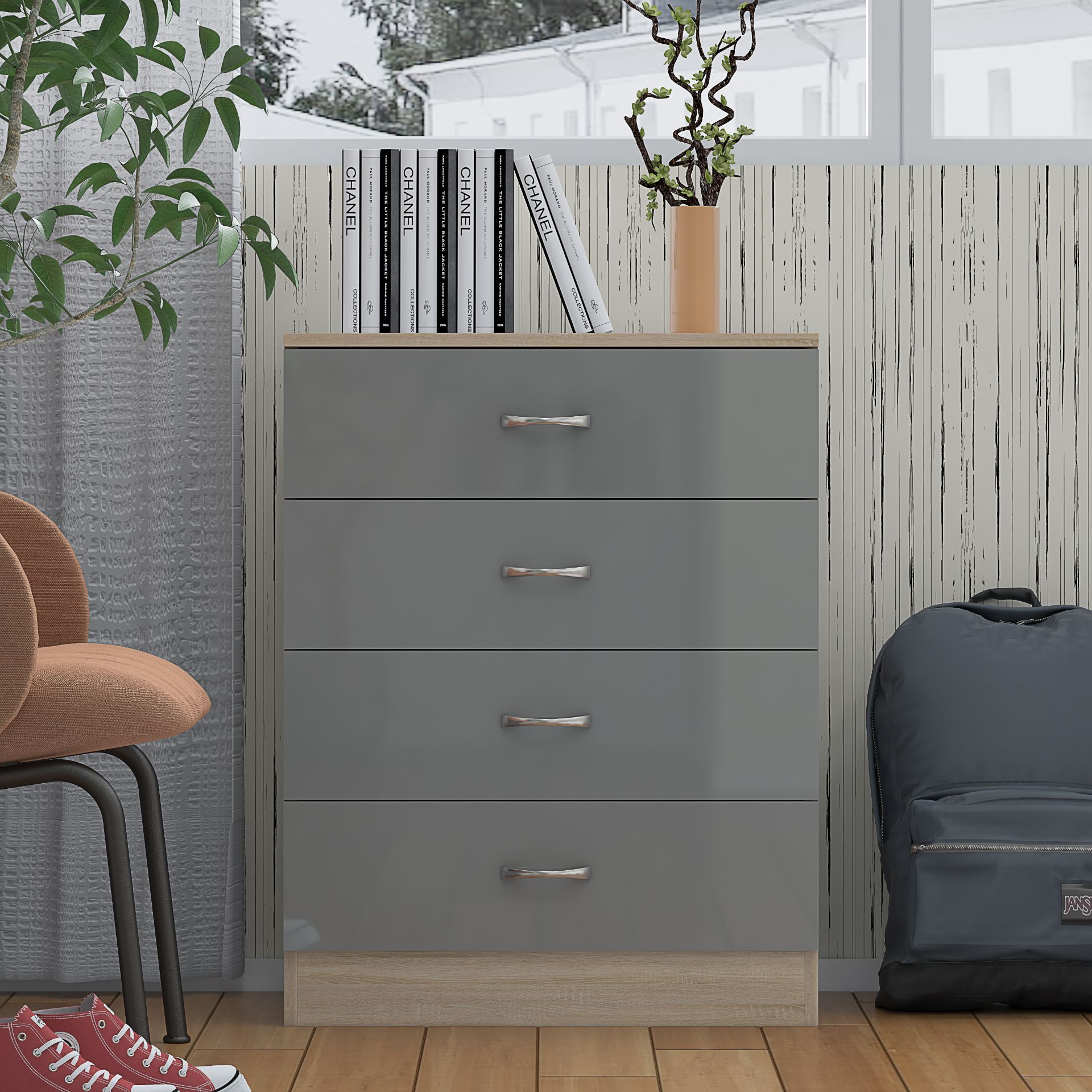 STUNNING CHEST OF DRAWERS X 2 - HIGH GLOSS GREY ON SONOMA OAK FRAME - Image 4 of 9