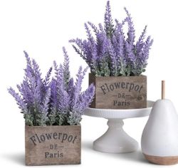 12 SETS OF 2 ARTIFICIAL LAVENDER PLANTS IN WOODEN POTS PURPLE FLOWER FAKE FAUX