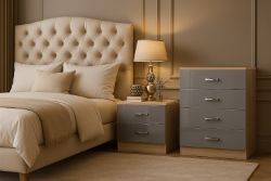 10 X CHEST AND 10 X BEDSIDE - BRAND NEW FLATPACKED GREY GLOSS ON SONOMA OAK
