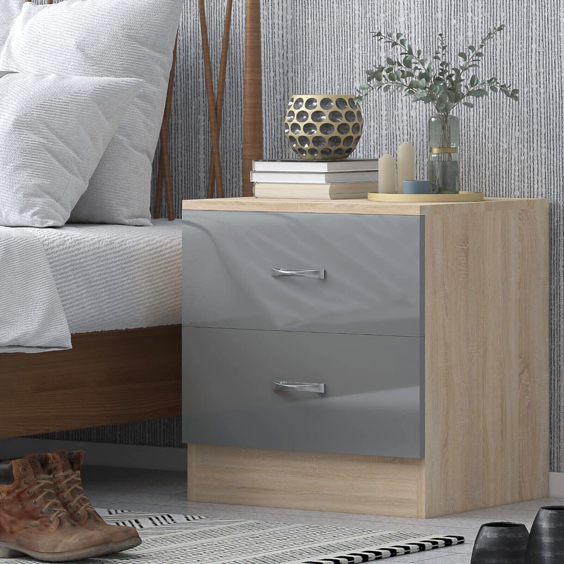 JOB LOT 10 X HARMIN GREY HIGH GLOSS ON OAK FRAME 2 DRAWER BEDSIDE CABINET TABLE - Image 4 of 7