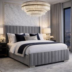 LUXURY 4FT6 DOUBLE SIZED GREY PLUSH VELVET OTTOMAN WINGED BED RRP £489.99