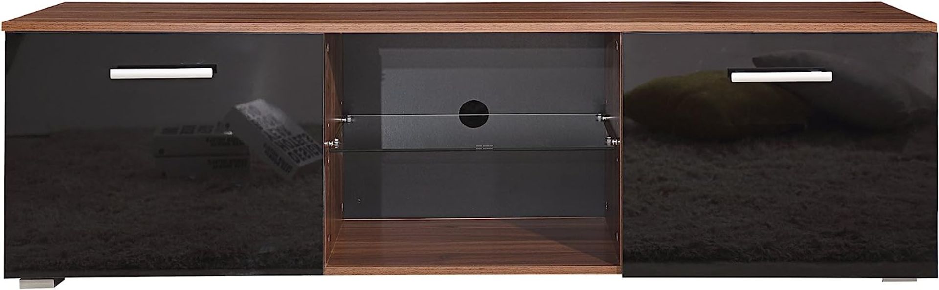 HARMIN MODERN 160CM TV STAND CABINET UNIT WITH HIGH GLOSS DOORS (BLACK ON WALNUT) - Image 4 of 8