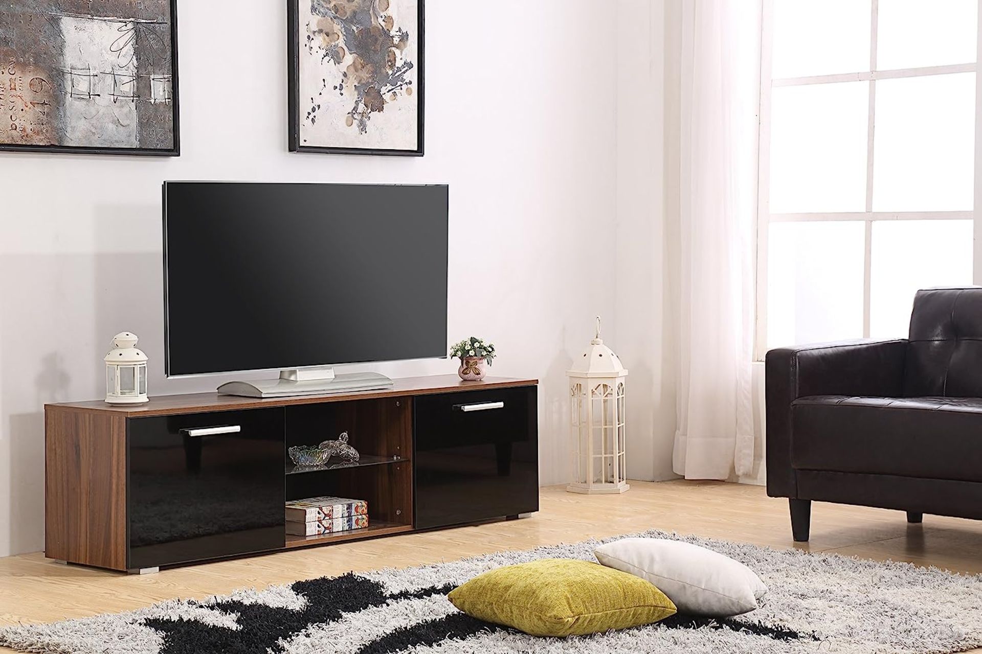 HARMIN MODERN 160CM TV STAND CABINET UNIT WITH HIGH GLOSS DOORS (BLACK ON WALNUT) - Image 2 of 8