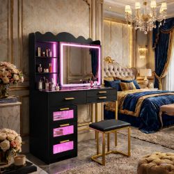LED DRESSING TABLE & STOOL | MIRROR VANITY WITH 6 DRAWERS, USB & POWER SOCKET | BLACK RRP £299.99