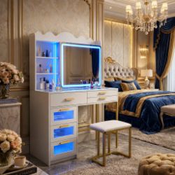 LED DRESSING TABLE & STOOL | MIRROR VANITY WITH 6 DRAWERS, USB & POWER SOCKET | WHITE RRP £349.99