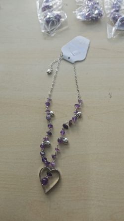 AMETHYST CRYSTAL CHIP AND BEAD LARGE HEART SS NECKLACES JOBLOT OF X7 - BRAND NEW