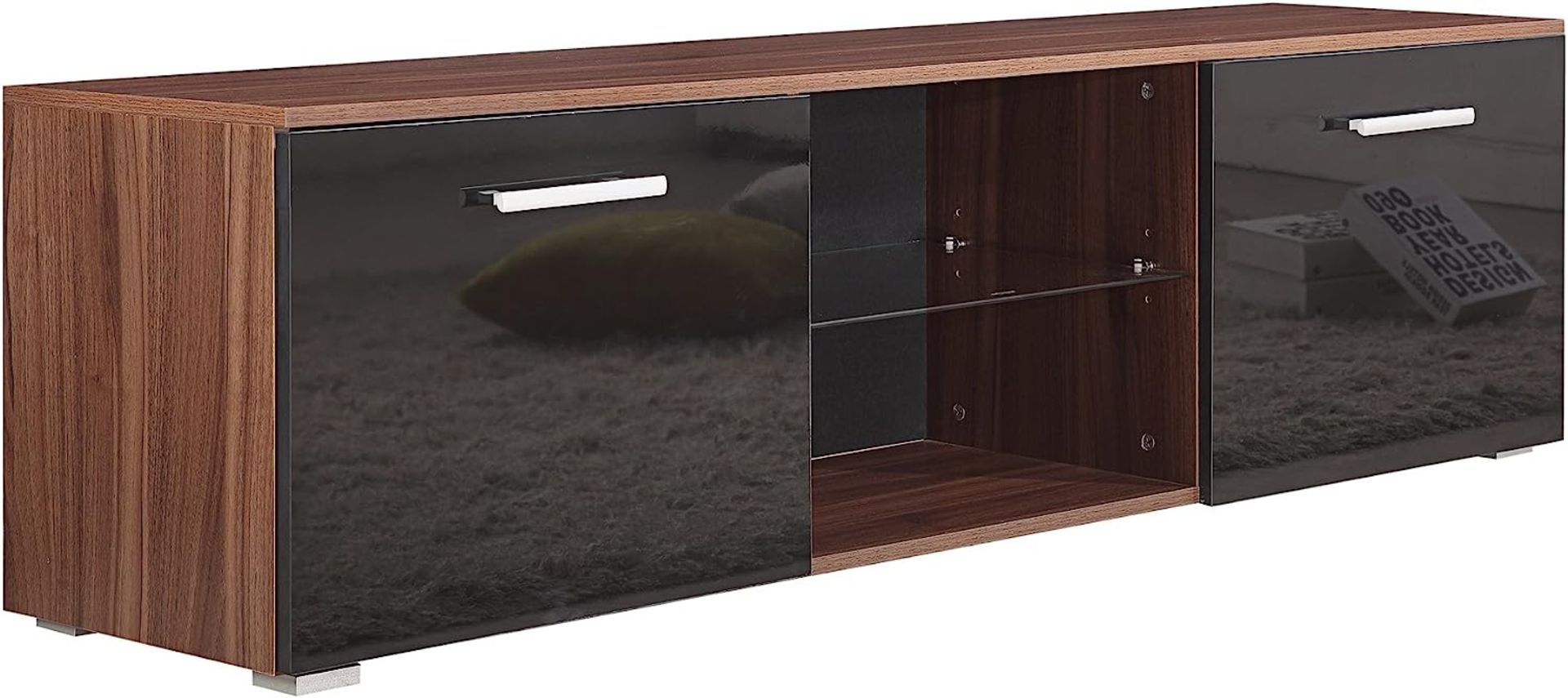 HARMIN MODERN 160CM TV STAND CABINET UNIT WITH HIGH GLOSS DOORS (BLACK ON WALNUT) - Image 3 of 8