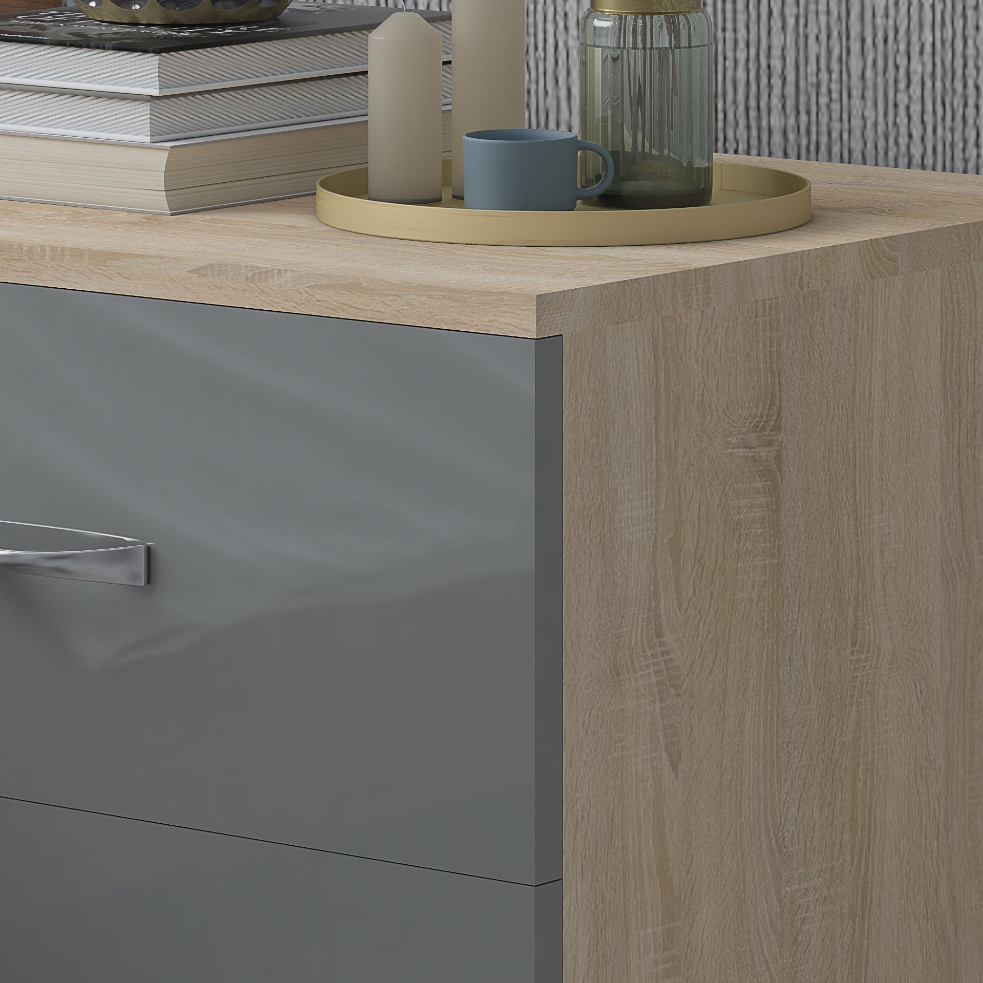 HARMIN GREY HIGH GLOSS ON OAK FRAME 2 DRAWER BEDSIDE CABINET TABLE - Image 6 of 8
