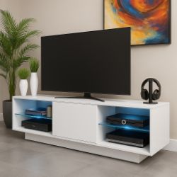 WHITE TV STAND WITH GLASS SHELVES AND LED LIGHTS