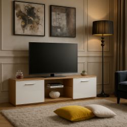 BRAND NEW HARMIN MODERN 160CM TV STAND CABINET UNIT WITH HIGH GLOSS DOORS (WHITE ON OAK)