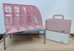 LOT OF ASSORTED PINK & WHITE DESK ORGANIZING STORAGE