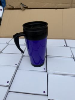 BOX OF 50 PURPLE THERMAL TRAVEL MUGS WITH HANDLES