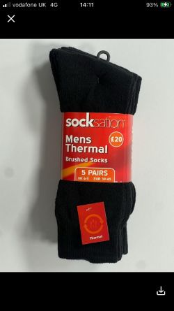 1 PALLET CONTAINING 1200 X THERMAL SOCKS PACKS OF 5 PAIRS IN BLACK.