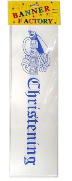 100 X BABY CHRISTENING BANNER WHITE & BLUE W/CARD (100)