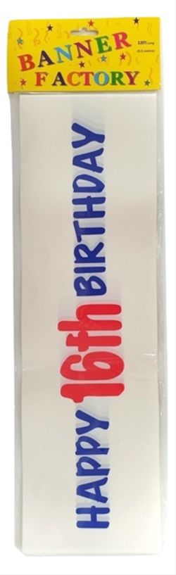 100 X HAPPY 16TH BIRTHDAY BANNER WHITE W/CARD (100)