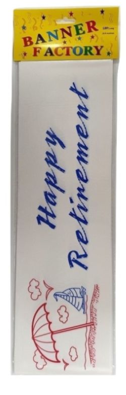 100 X HAPPY RETIREMENT BANNER WHITE & BLUE W/CARD (100)