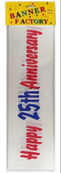 200 X HAPPY 25TH ANNIVERSARY BANNER WHITE W/CARD (100)