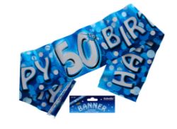 144 X 50TH B-DAY HOLOGRAPHIC BANNER BLUE (12/288)