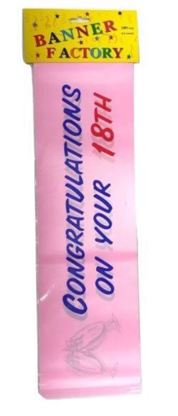100 X CONGRATULATIONS ON YOUR 18TH PINK BANNER W/CARD (100) *NBC*