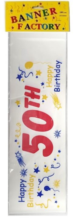 200 X HAPPY 50TH BIRTHDAY BANNER WHITE W/CARD (100)
