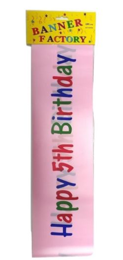 100 X HAPPY 5TH BIRTHDAY BANNER PINK - W/CARD (100)