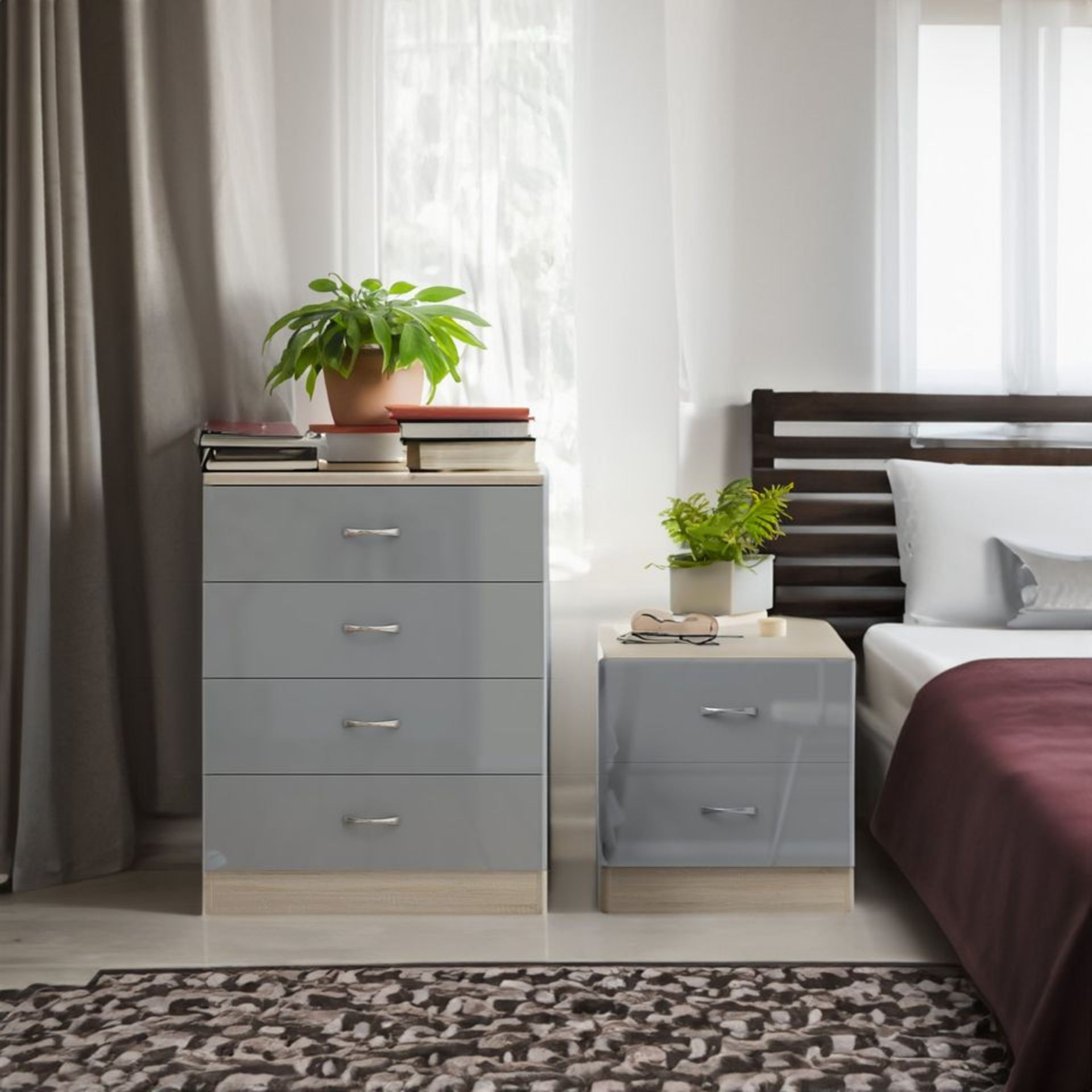 10 X CHEST AND 10 X BEDSIDE - BRAND NEW FLATPACKED GREY GLOSS ON SONOMA OAK - Image 2 of 9