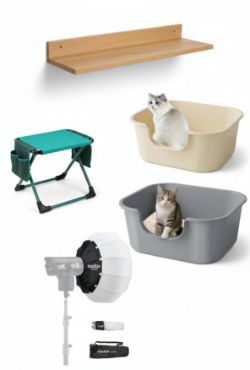 PALLET OF SHELVES, GARDEN STOOL, CAT TRAYS, SOFTBOX, BAG & TV MOUNTS - RRP£1537.53